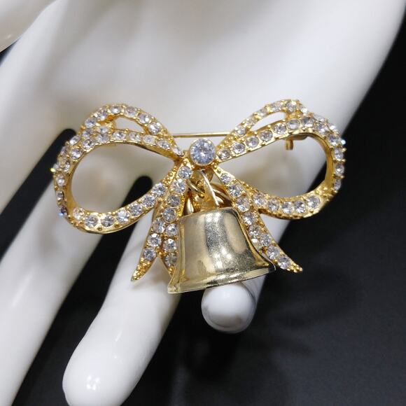 Vintage Monet Christmas Rhinestone Bell Brooch, Gold Tone, Two Bells, 1960s